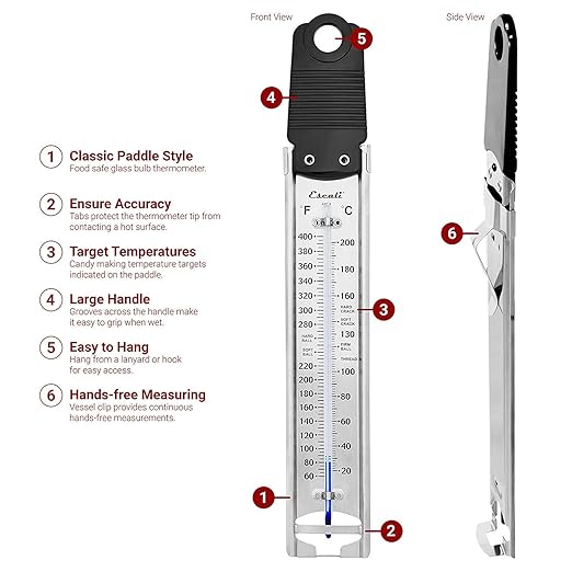 Escali Deep Fry Stainless Steel Paddle Candy Thermometer, Heat Resistant Handle, and Hand-Free Clip, Temperature Indications