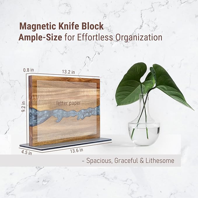 Magnetic Knife Block Holder for Countertop, No Drill Acacia Wood Stand with Epoxy Resin Art & Strong Magnets - Fits Chef Knives & Scissors (No Knives Included)
