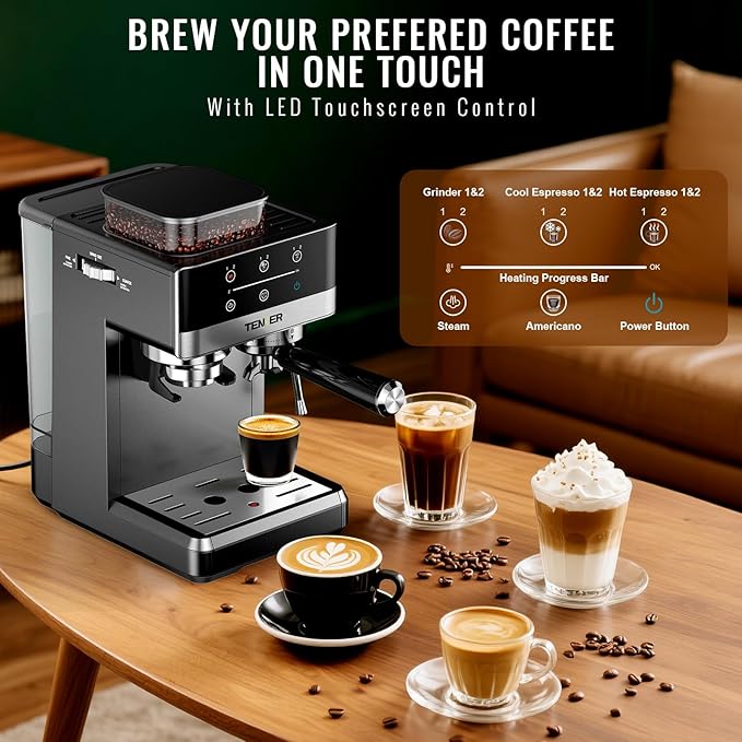 TENKER Espresso Machine with Grinder, 20 Bar Coffee Machine with Milk Frother for Home, All-in-One Stainless Steel Coffee Maker to Make Latte, Cappuccino, Hot or Cold Brew Iced Coffee