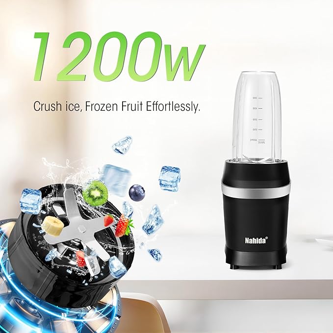 Nahida Blender for Smoothies, 1200W Smoothie Blender for Ices Crushing, Blenders with (2) 6-Fin Blades, Personal Blenders for Kitchen with 23oz, 32oz, 37oz Easy Go Cups for Juices, Black