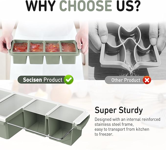 Silicone Freezer Tray with Lid Soup Freezer Container Molds with Steel Reinforced Rim Large Ice Cube Tray Makes 8 Perfect 1 Cup Portions Cubes Storage Food Portion Control Containers Kitchen Gadgets