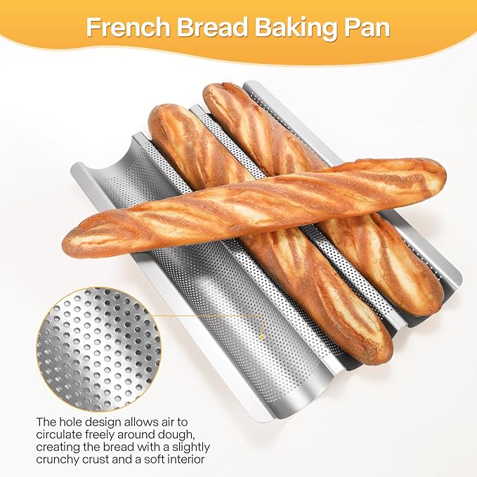 Baguette Pan, Baguette Bread Pan Perforated, Nonstick French Bread Baking Pan 3 Loaves with Proofing Cloth, Dough Cutter Kit for Home Baker, Baguette Tray 15x11 Inch Silver Bread Pan
