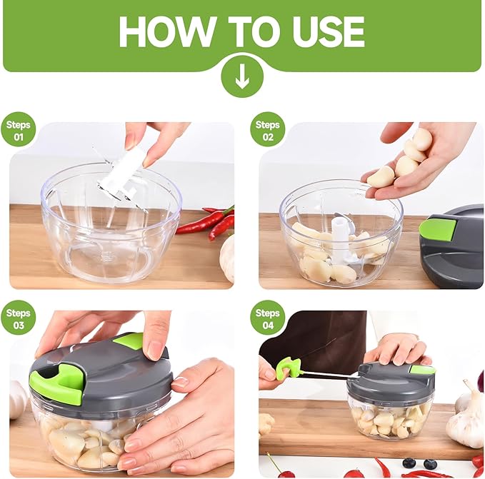 Manual Food Processor Vegetable Chopper, Compact Hand Pull Cord Garlic Crusher Onion Dicer for Herbs, Carrots, Pears 500ml£¨green£©