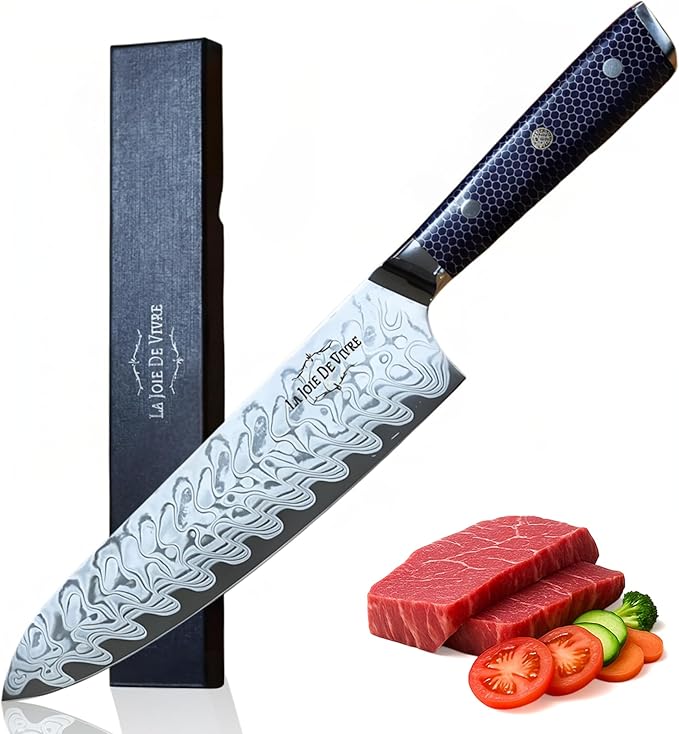 AUS-10 Damascus Chef Knife – 8 Inch Japanese Kitchen Knife, 67-Layer Steel, Ultra-Sharp Blade, Ergonomic Blue Resin Handle, Gift Box Included