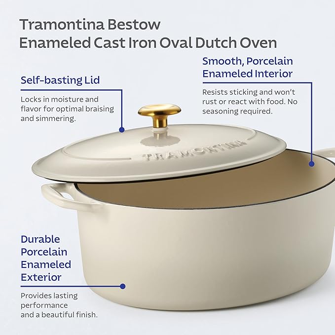 Tramontina Bestow Enameled Cast Iron Oval Dutch Oven Pot with Lid, Large 7-quart, Latte (Gold Knob)