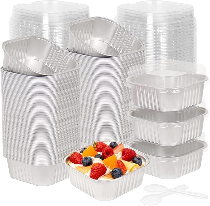 200 Pack 10 oz Silver Mini Aluminum Cake Pans with Lids and Spoons, Disposable Square Baking Cups, Oven Safe Foil Ramekins for Individual Desserts, Cupcakes, Cheesecakes Ramekins Muffin