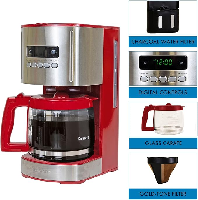 Kenmore Aroma Control 12-cup Programmable Coffee Maker, Red and Stainless Steel Drip Coffee Machine & Kenmore/Keurig/Cuisinart/Braun compatible replacement charcoal water filter 12 Pack pure