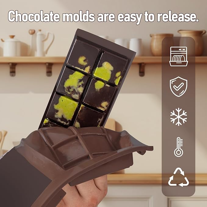 Chocolate Bar Mold Deep Dubai 1 Inch 2 Pcs Pistachio Chocolate Bar Silicone Thick Mold for Stuffed Bar, Large Candy Bar Mould for Filling, Brown