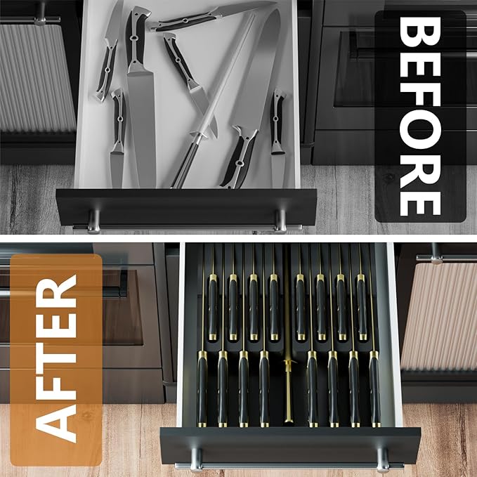 Domax Bamboo In-drawer Knife Block - Knife Drawer Organizer Insert Large Handle Steak Knife Holder, Kitchen Drawer Knife Organizer Fits for 16 knives and 1 Sharpening Steel (Not Included), Black