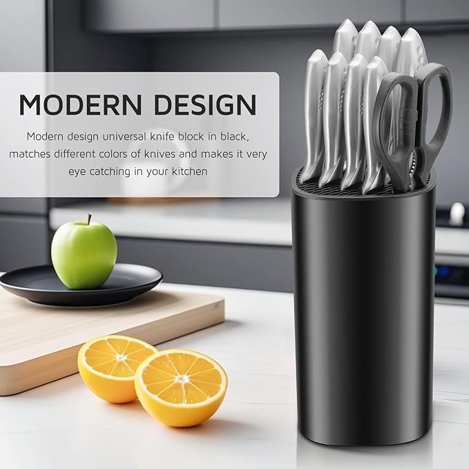 Universal Knife Block Holder for Kitchen, WELLSTAR Knife Stand without Knives, Safe Space Saver Large Volume Stable Knife Storage with Scissors Slot, Detachable for Easy Cleaning – Black