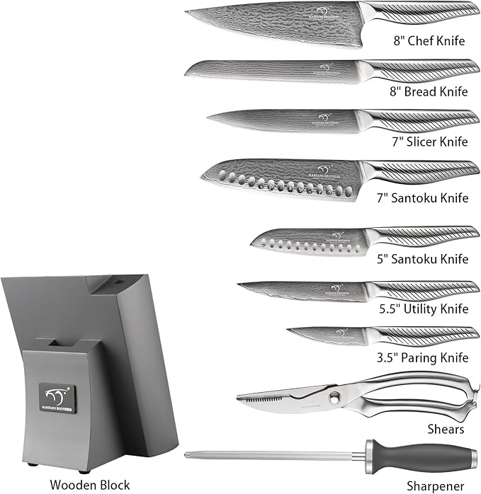 NANFANG BROTHERS® 10 Pieces Damascus Kitchen Knife Set, High Carbon Stainless Steel Damascus Steel Chef Knife Set, Stainless Steel Ergonomic Handle for Chef, with Built-in Sharpening Rod NF