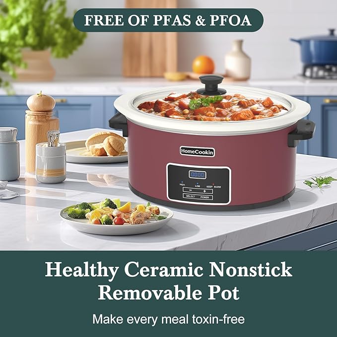 HOMECOOKIN 7-Quart Programmable Slow Cooker with Timer Keep Warm - Small Kitchen Appliance for Family Dinners - Serves 6+ People (Red Shell + White Ceramic Liner)