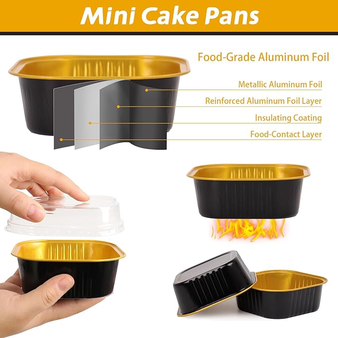 200 Pack 10 oz Black Gold Mini Aluminum Cake Pans with Lids and Spoons, Disposable Square Baking Cups, Oven Safe Foil Ramekins for Individual Desserts, Cupcakes, Cheesecakes Ramekins Muffin