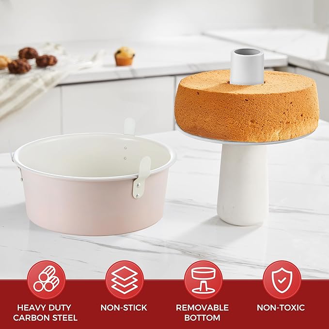 HONGBAKE Nonstick Angel Food Cake Pan with Removable Bottom, 10 Inch Tube Pound Cake Pans for Baking Chiffon Cake, 16-Cup, Heavy Duty, Pink