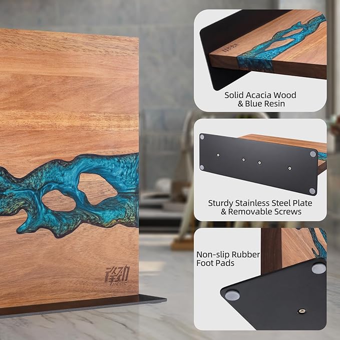 FINDKING Magnetic Knife Block, Double Sided Holder, Powerful Magnet Kitchen Storage, Acacia Wood and Blue Resin (12 x 10 Inches, Without Knives)