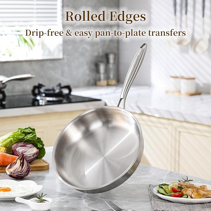 DELARLO Tri-ply Stainless Steel Frying Pan Set with Lid 8" 12" Induction large Skillets Chef's Pan,Pots and Pans Set Kitchen Cookware Set Suitable for All Stove