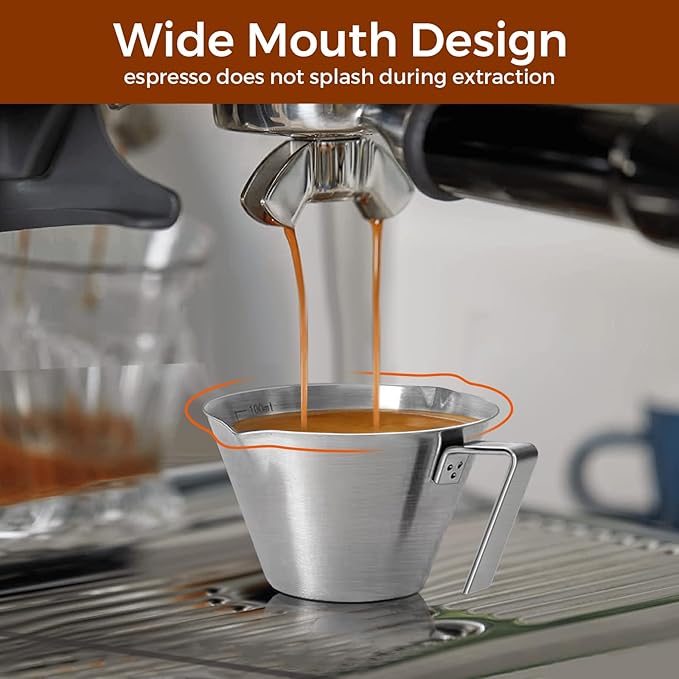 3Pcs Stainless Steel Espresso Cups, Double Spout Metal Espresso Measuring Cup with Handle, Dual Scale Espresso Pouring Cup with V-Shaped Mouth, 3.4oz/100ml (Silver)