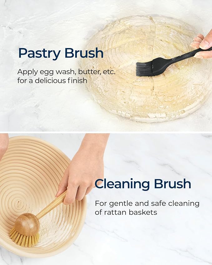 Banneton Proofing Basket Set of 2, 10 Inch Round & Oval Cane Bread Proofing Baskets with Sourdough Bread Baking Supplies, Bread Making Kit