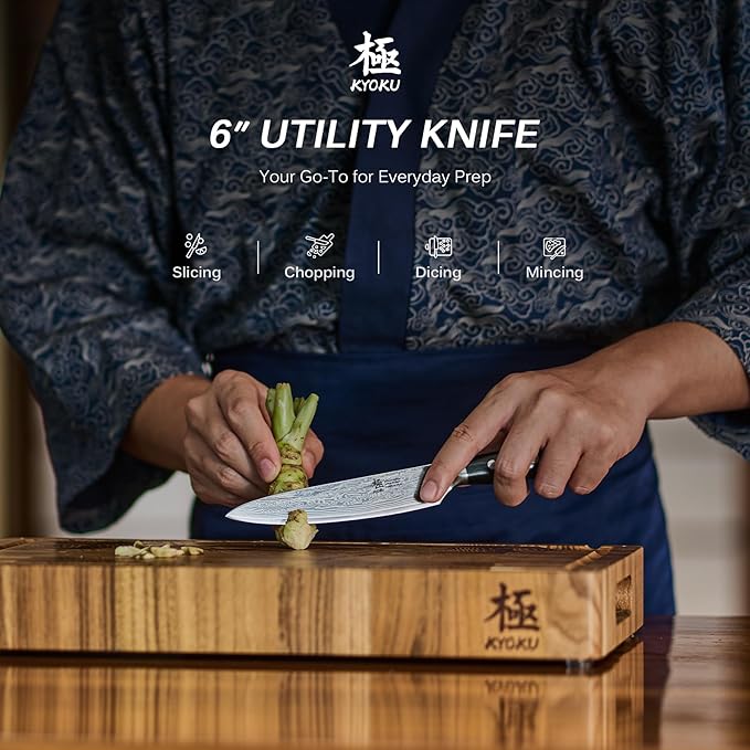 KYOKU Chef Utility Knife - 6" - Shogun Series - Japanese VG10 Steel Core Forged Damascus Blade - with Sheath & Case