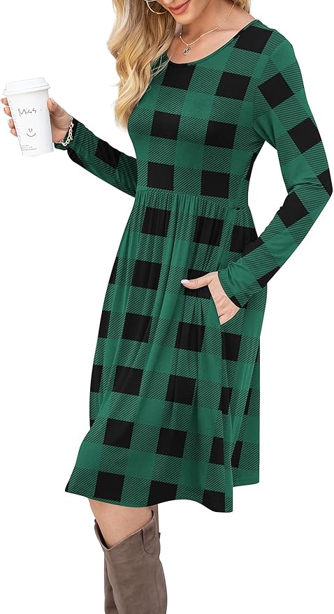 DB MOON Women Casual Long Sleeve Dresses Empire Waist Knee Length Loose Dress with Pockets