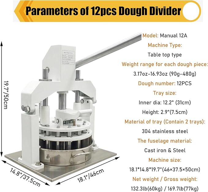 Table Top Dough Dividing Machine Manual Dough Divider 12PCS Dough Cutter Commercial Dough Dividing Machine Dough Baking Divider, 3.17oz-16.93oz, 12PCS