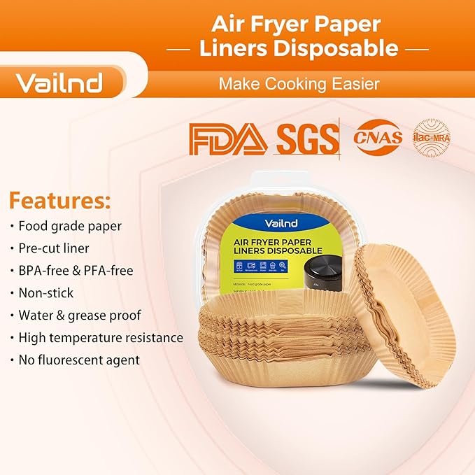 Vailnd Air Fryer Disposable Paper Liners 9inch Square, 125PCS Non-Stick Food Grade Air Fryer Parchment Paper, Oil Resistant & Waterproof Baking Liner for 8-12 QT Oven