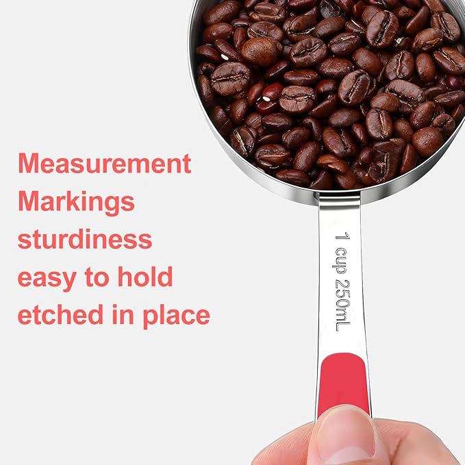 Measuring Cups and Spoons Set, Stainless Steel 10 Piece for Cooking and Baking (5 Cups + 5 Spoons, Red Handle)