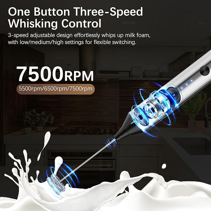 Rechargeable Milk Frother with Stand, Electric Frother Wand Handheld Coffee Foam Maker Detachable Stainless Steel Whisk Drink Mixer Foamer for Latte, Cappuccino, Hot Chocolate, Egg (Silver)