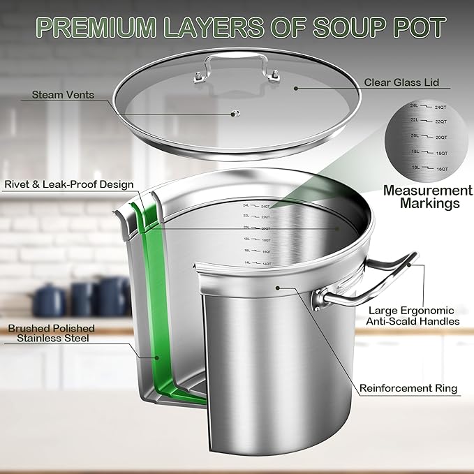 Stainless Steel Stock Pot-24QT Heavy Duty Induction Cooking Pot with Visible Lid, Commercial Grade Stock Pot & Stockpots for Boiling Cooking Soup Stew Canning Cooking Pots,Big Stockpot, Deep Cookware