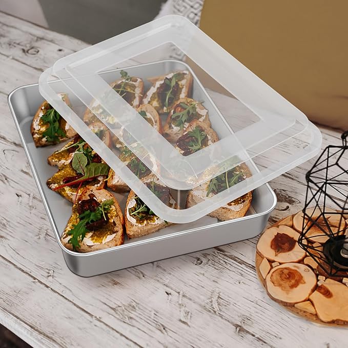 Leonyo Bakeware Cake Pan with Lid, 9.3 x 7 Inch Rectangle Lasagna Pan with Lid, Stainless Steel Baking Trays for Commercial Kitchen, Focaccia Bread, Casserole Dish - 2 Inch Deep, Refrige & Oven Safe