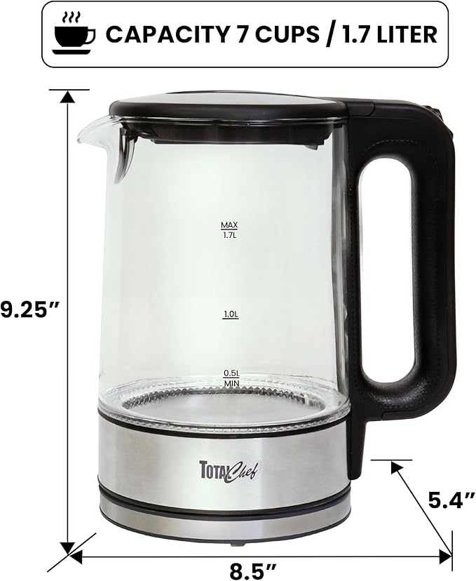 Total Chef Electric Glass Kettle 1.7L – Fast Boil, BPA-Free Borosilicate Glass, LED Light, Auto Shut-Off, Boil-Dry Protection, Cordless Water Boiler for Tea & Coffee, Kitchen Appliance