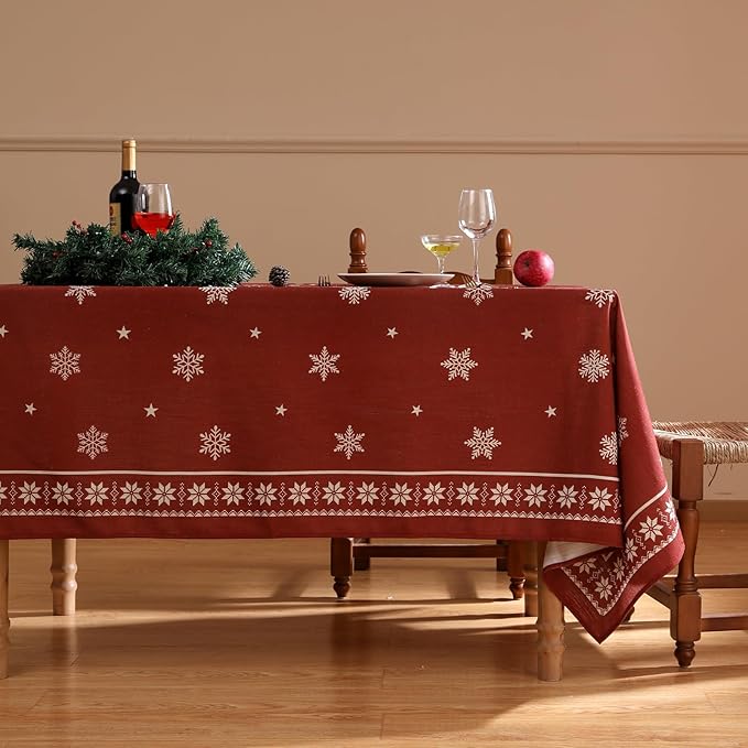 ISAENNE Designer Christmas Red Table Cloth for Rectangle Table,Linen Tablecloth with Snowflakes Pattern,Wrinkle Resistant Decor Tablecloths for Dining Kitchen Thanksgiving,55"*79"-Carol C
