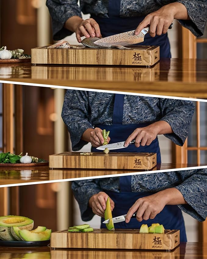 KYOKU Knife Set, 3pc Japanese Kitchen Knife Set for Cooking, 8" Chef 3.6" Paring 6" Utility Knife with Sheath Gift Box, Professional Sharp Damascus Stainless Steel Knives for Meat Vegetable Fruit