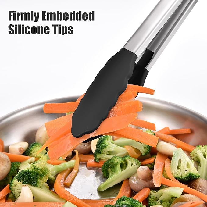 Doosu Kitchen Tongs for Cooking - 600°F Heat Resistant Food Tong with Non-Scratch Silicone Tips, Heavy Duty Stainless Steel Locking Tong for BBQ, Grilling Steak, Serving Salad, Pasta (16in, Black)