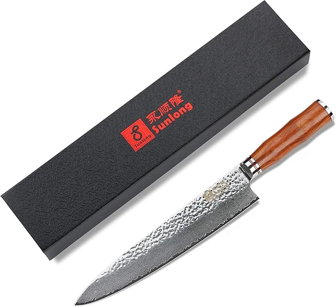 SUNLONG Gyuto 10 inch Pro Chef's Knife Japanese Knife Kitchen Knife - Hammered Damascus VG10 Steel - Bloodwood Handle