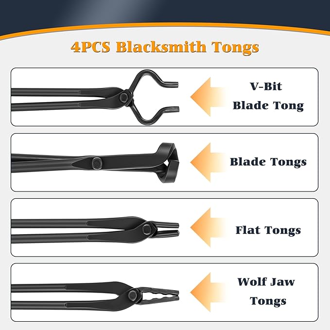 Blacksmith Tongs Knife Making Tongs Set V-Bit Blade Tongs, Flat Tongs, Blade Tongs, Wolf Jaw Tongs, Assembled Blacksmithing Bladesmith Steel Forge Tongs (4PCS)