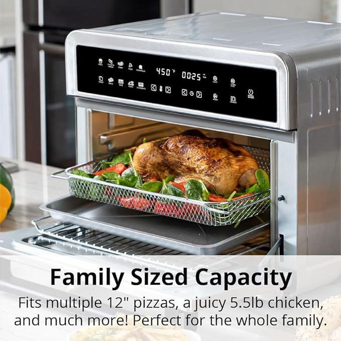 Aria 30 Qt Air Fryer Oven, Stainless Steel Air Fryer with Basket, Grill Racks, Crumb & Drip Tray, Easy Clean Large Countertop Convection Oven, XL Touchscreen Display & Cooking Presets, Black