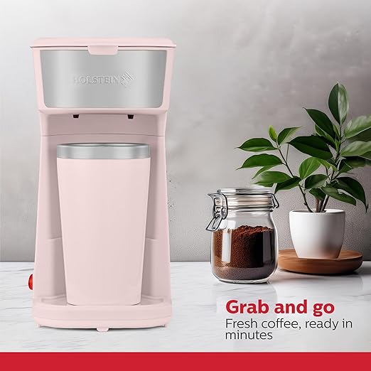 Holstein Housewares Personal Coffee Maker with 14oz Travel Mug – Compact One-Touch Brew Machine with Reusable Filter, Auto Shut-Off, Non-Stick Plate, Ideal for Home, Office, or Dorm. Pink