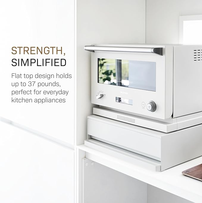 YAMAZAKI Home Tower Kitchen Countertop Organizer Appliance Stand with Drawer and Pull-Out Shelf – Steel Microwave Stand with Drawer, Modern Countertop Shelf Organizer, White, Space-Saving Design