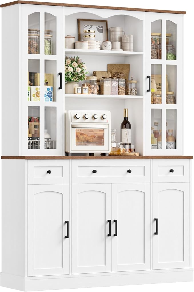 Keyluv 74.8" H Tall Pantry Cabinet with Microwave Stand and 3 Drawers, Large Kitchen Hutch Storage Cabinet with Glass Door and Adjustable Shelves for Kitchen, Dining Room, Living Room, White