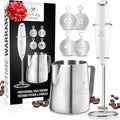 Zulay Kitchen Premium Gift Milk Frother Complete Set - Handheld Foam Maker, Stencils & Frother Set - Whisk Drink Mixer for Coffee - Mini Blender for Cappuccino, Frappe