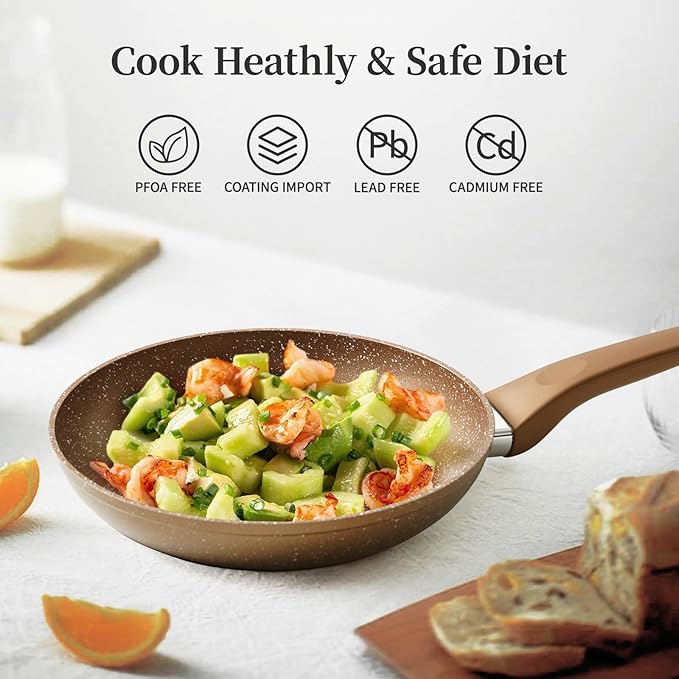 Innwewell Non Stick Frying Pan - Granite Stone Non Stick Skillet Frying Pans, Safe&No Toxic Egg Omelette Frying Pan, Nonstick Cookware Cooking Pan, Induction Compatible, PFOA Free(9.5inch, Gold)