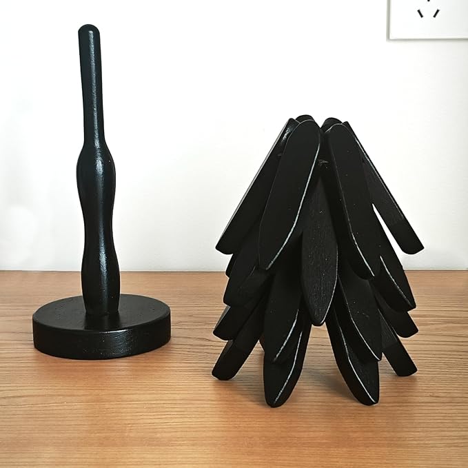Wooden Trivets for Hot Dishes, Tree Shape Trivet Set, 4 Walnut Wood + 1 Stand stored Like a Christmas Tree,Foldable Kitchen Wooden Trivet,for Hot Dishes、Pot、Bowl、Teapot、Hot Pot Holder (Black)