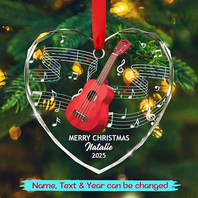 Personalized Ukulele Instrument Glass Christmas Ornament, Customized Text Year Name Keepsake Xmas Ornaments Gift for Ukulele Player/Lover, Ukuleles Musical Instrument Glass Ornament for Appreciation