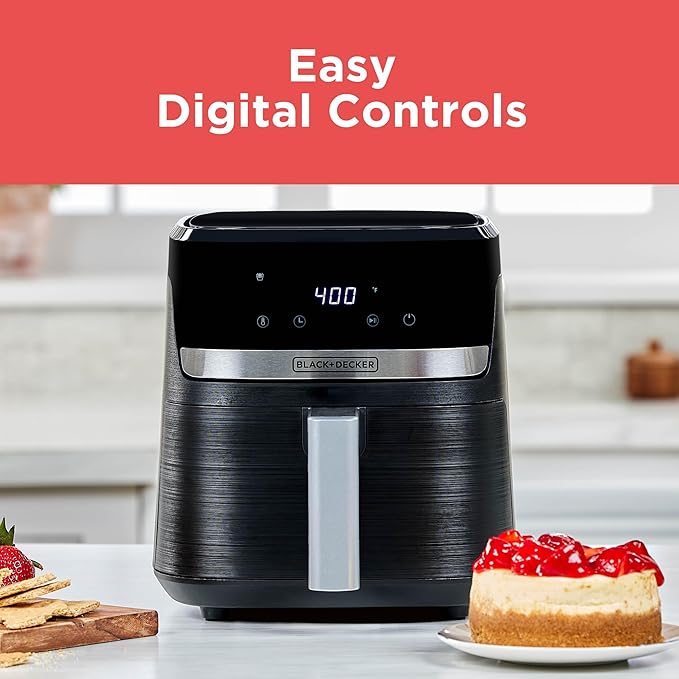 BLACK+DECKER Purifry 4QT Air Fryer, Timer with Auto Shut-off and Shake Reminder, Digital LED Touchscreen and 9 Presets, 1300W up to 400 F, Dishwasher Safe Parts