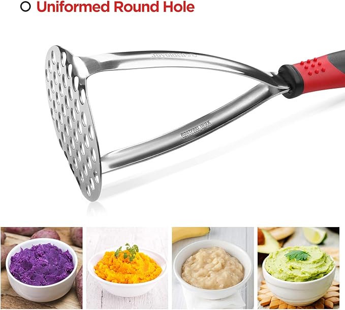 Joyoldelf Heavy Duty Potato Masher, Stainless Steel Integrated Masher Kitchen Tool & Food Masher/Potato Smasher with Non-slip Handle, Perfect for Bean, Vegetable, Fruits, Baby Food, Avocado, Meat