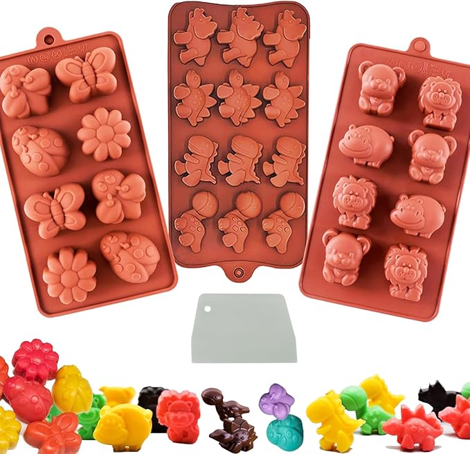 3-Pack Chocolate Molds Silicone(1.8 Inch two-bite size),Animal Silicone Molds,Moldes para gelatinas individuales.Features Bear,Dinosaur,Lion,Hippo,Bees,Ladybugs,Beetles,Butterflies,and Flowers.