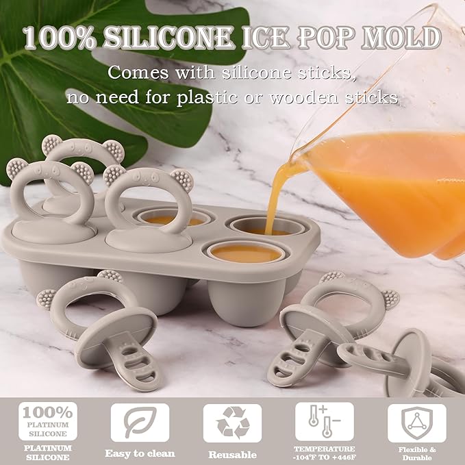 Sakolla Baby Popsicle Molds Mini 6-Cavity Silicone Ice Pop Mold with Sticks Breastmilk Popsicle Molds for Teething Relief Toddler Popsicle Mold for Ice Cream Frozen Yogurt and Fruit Juice (Grey)