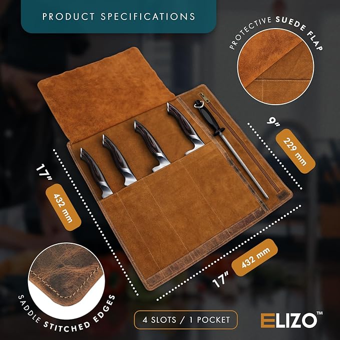 ELIZO Leather Knife Roll Bag Professional Chef Knife Case, Durable Knife Sheath Holder, Cooks & Culinary Tools Carrying Storage, Portable Knife Wrap - 4 Slots (Saddle)