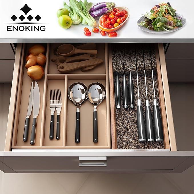 Enoking Knife Drawer Organizer Insert, In Drawer Knife Block, Acacia Wood Knife Holder with Cork Dividers For Kitchen Chef Steak Knife Storage Keep Drawer Tidy (Acacia Wood, 15 x 5.9 x 2.6 In)